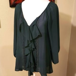 Sz S ruffle and lace‎ front transparent hunter green top